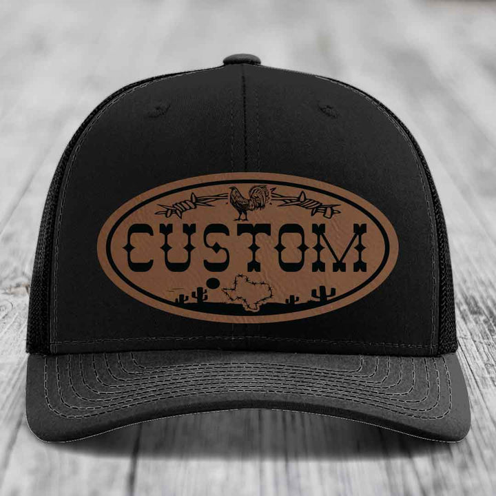 Lone Star Rooster Custom Name Leather Patch Hat - Richardson 112