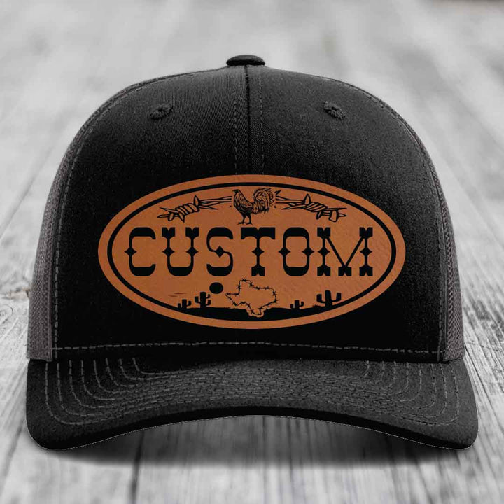 Lone Star Rooster Custom Name Leather Patch Hat - Richardson 112
