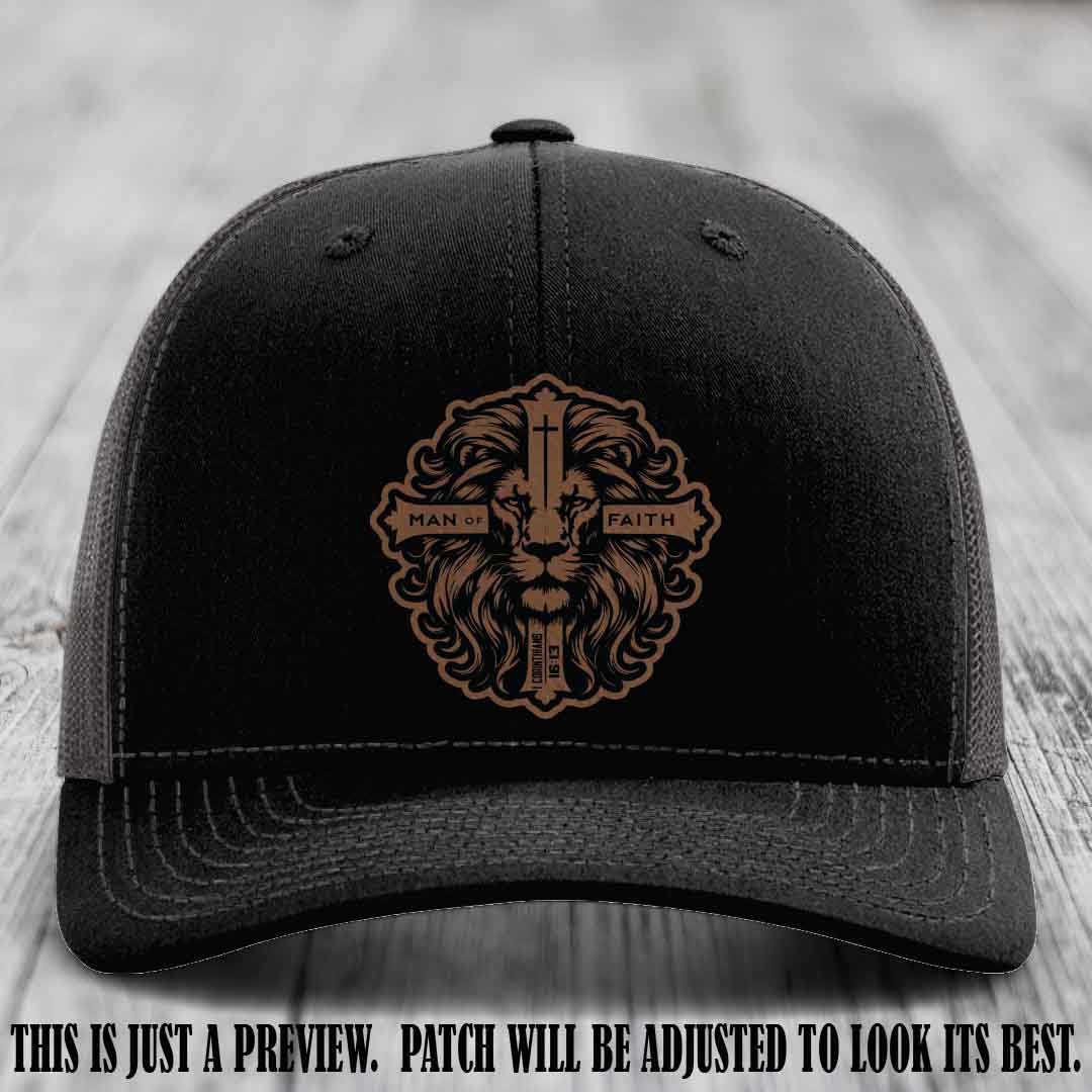 Man of Faith design Dark Brown to Black Patch on Black to Charcoal Hat Richardson 112 leather patch hat