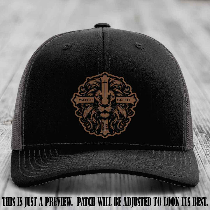 Man of Faith design Dark Brown to Black Patch on Black to Charcoal Hat Richardson 112 leather patch hat