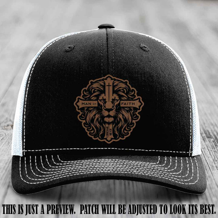 Man of Faith design Dark Brown to Black Patch on Black to White Hat Richardson 112 leather patch hat