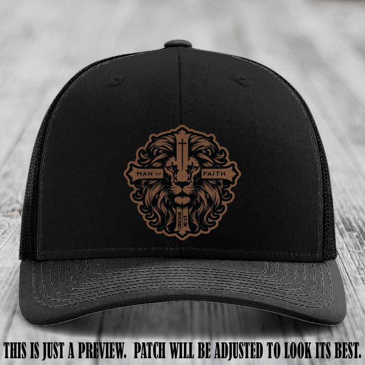 Man of Faith design Dark Brown to Black Patch on Black Hat Richardson 112 leather patch hat