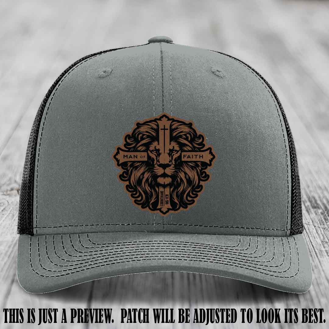 Man of Faith design Dark Brown to Black Patch on Heather Grey to Black Hat Richardson 112 leather patch hat