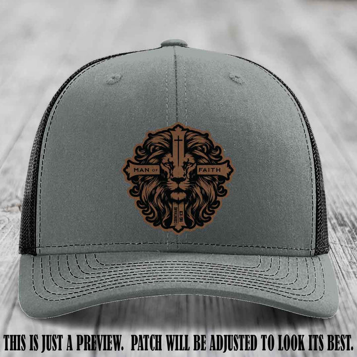 Man of Faith design Dark Brown to Black Patch on Heather Grey to Black Hat Richardson 112 leather patch hat