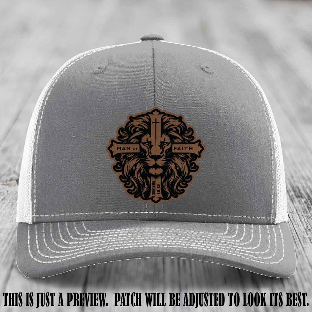 Man of Faith design Dark Brown to Black Patch on Heather Grey to White Hat Richardson 112 leather patch hat
