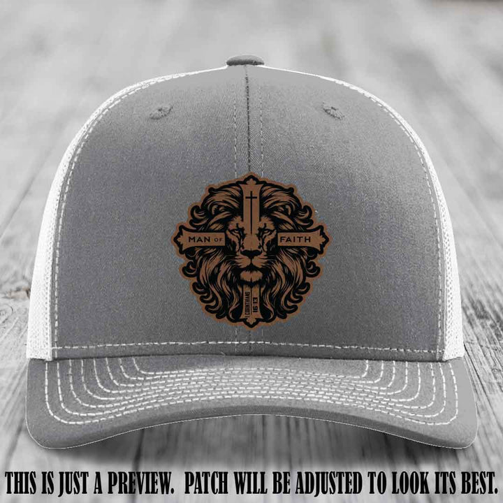 Man of Faith design Dark Brown to Black Patch on Heather Grey to White Hat Richardson 112 leather patch hat