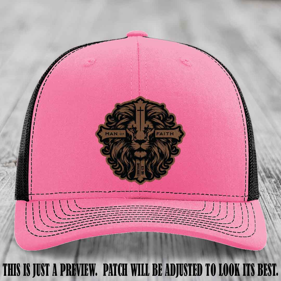 Man of Faith design Dark Brown to Black Patch on Hot Pink to Black Hat Richardson 112 leather patch hat
