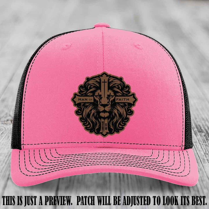 Man of Faith design Dark Brown to Black Patch on Hot Pink to Black Hat Richardson 112 leather patch hat