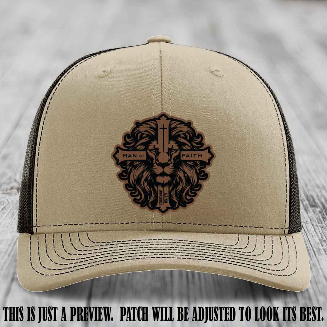Man of Faith design Dark Brown to Black Patch on Khaki to Coffee Hat Richardson 112 leather patch hat