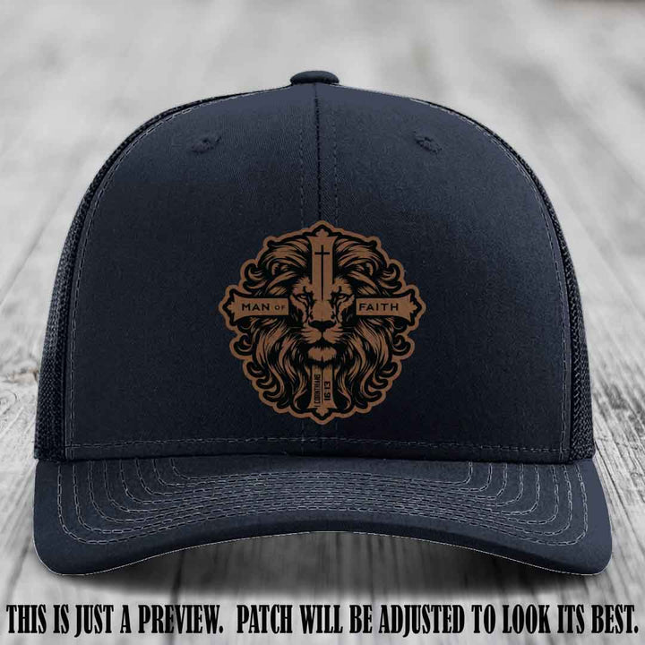 Man of Faith design Dark Brown to Black Patch on Navy Hat Richardson 112 leather patch hat