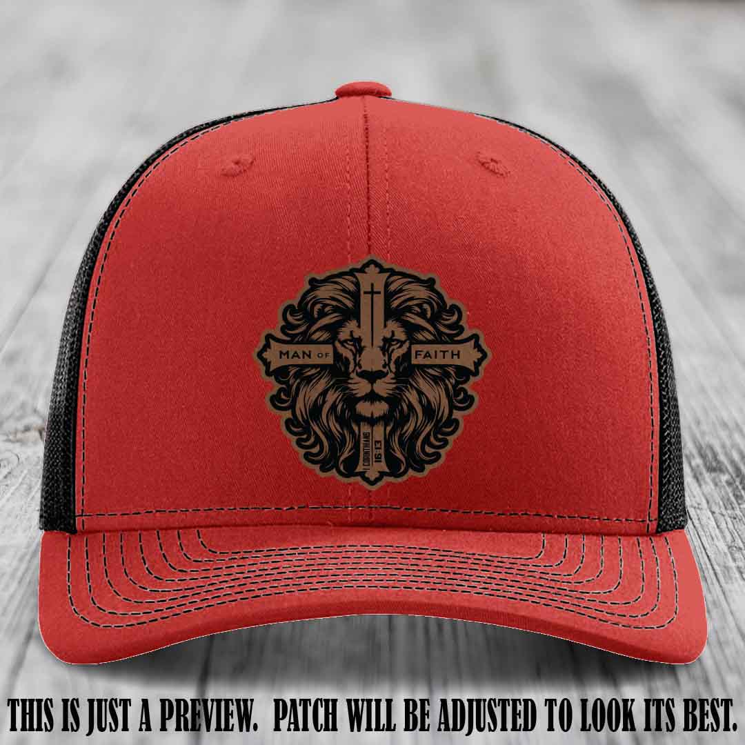 Man of Faith design Dark Brown to Black Patch on Red to Black Hat Richardson 112 leather patch hat