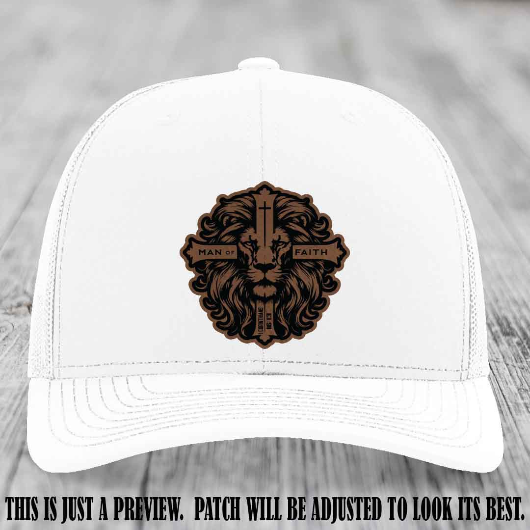 Man of Faith design Dark Brown to Black Patch on White Hat Richardson 112 leather patch hat
