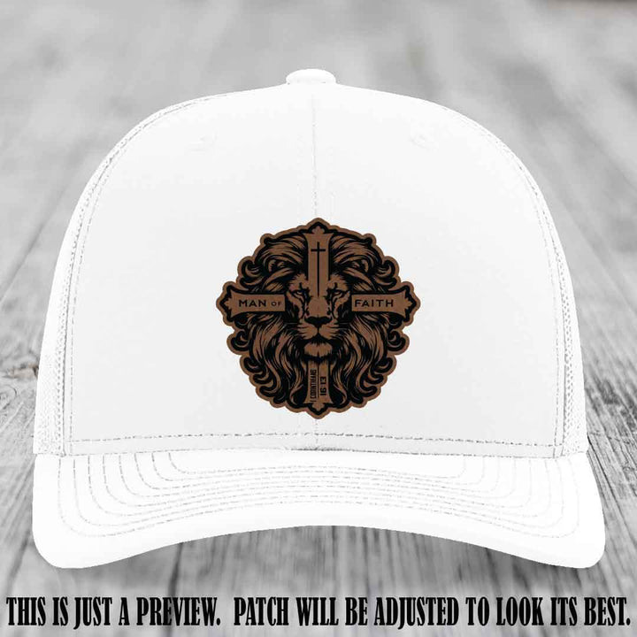 Man of Faith design Dark Brown to Black Patch on White Hat Richardson 112 leather patch hat