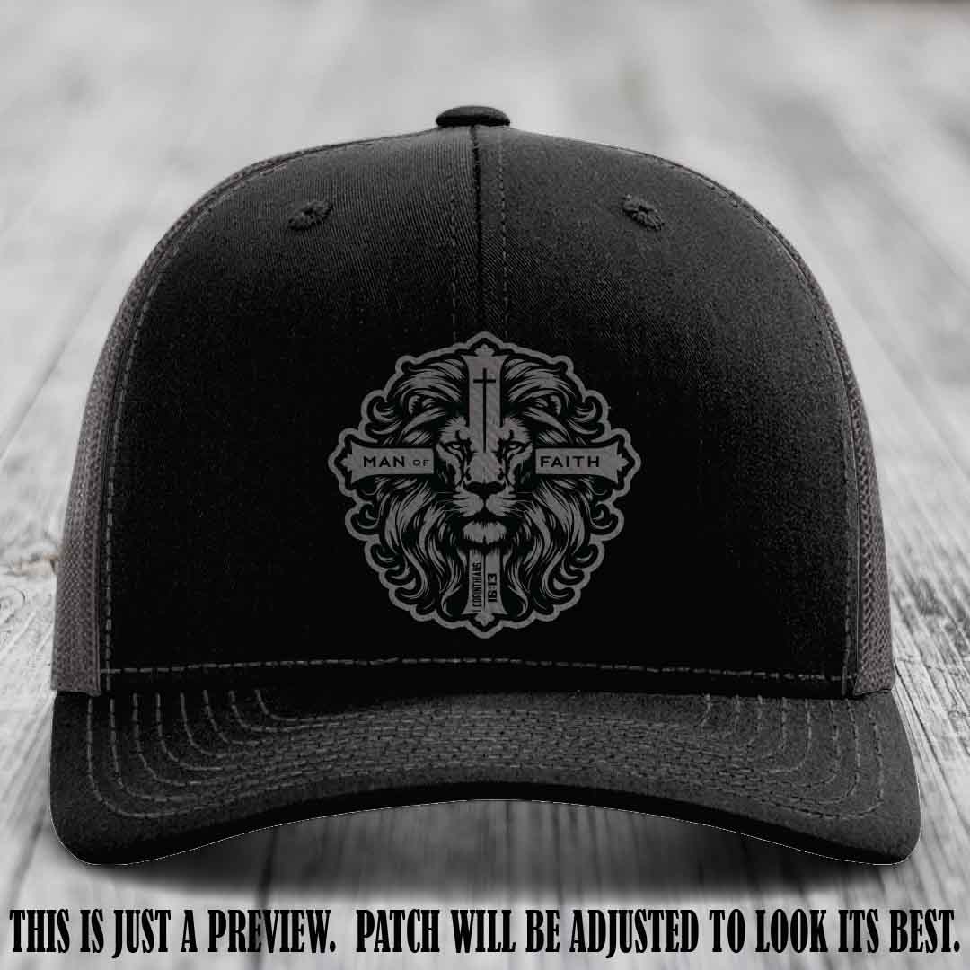 Man of Faith design Grey to Black Patch on Black to Charcoal Hat Richardson 112 leather patch hat