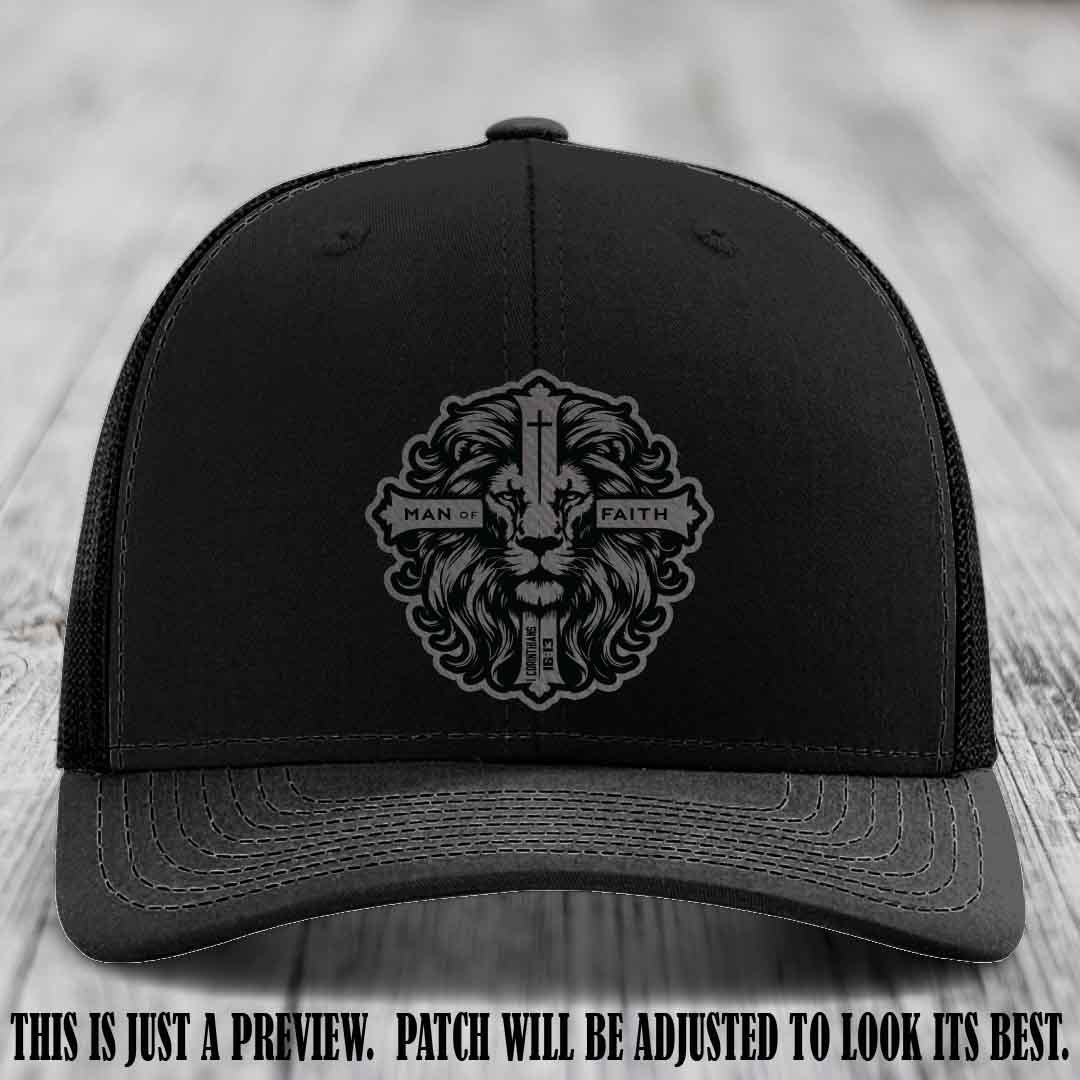 Man of Faith design Grey to Black Patch on Black Hat Richardson 112 leather patch hat