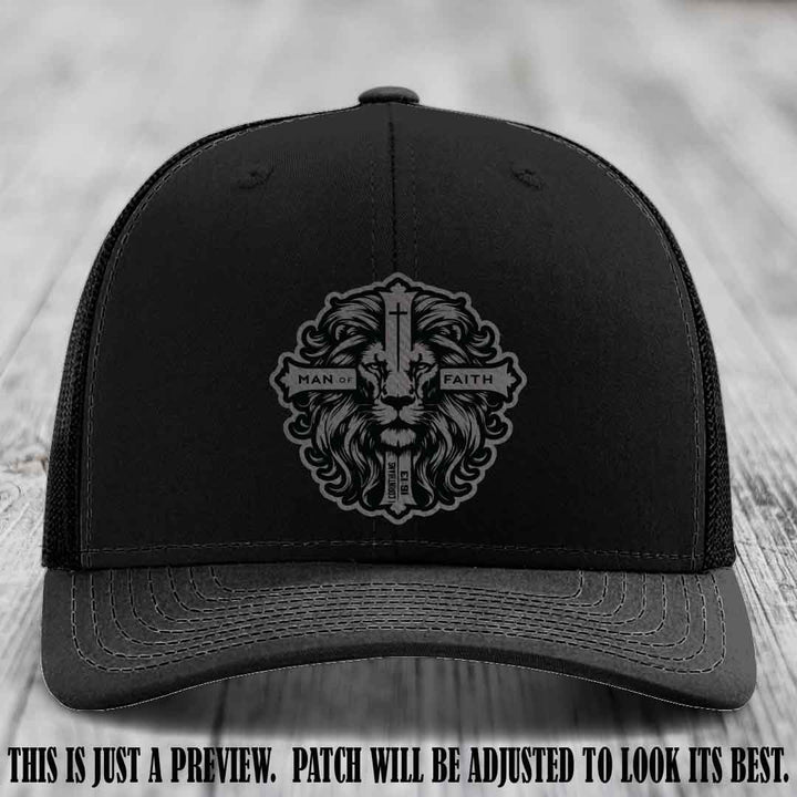 Man of Faith design Grey to Black Patch on Black Hat Richardson 112 leather patch hat