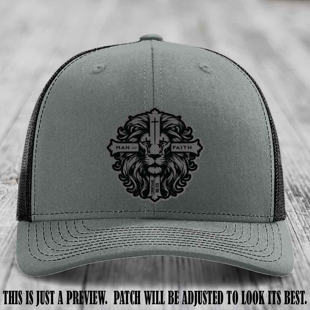 Man of Faith design Grey to Black Patch on Heather Grey to Black Hat Richardson 112 leather patch hat