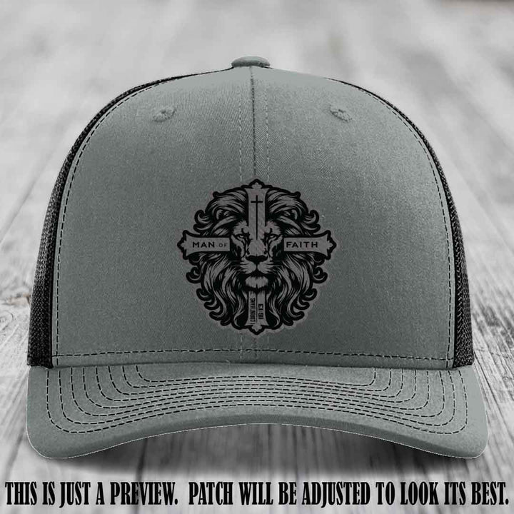 Man of Faith design Grey to Black Patch on Heather Grey to Black Hat Richardson 112 leather patch hat