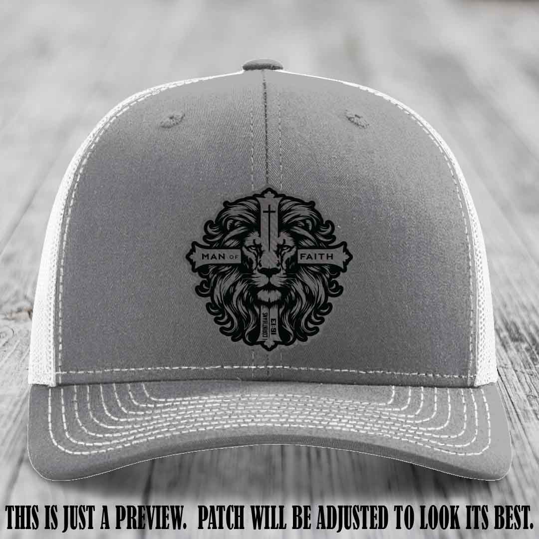 Man of Faith design Grey to Black Patch on Heather Grey to White Hat Richardson 112 leather patch hat