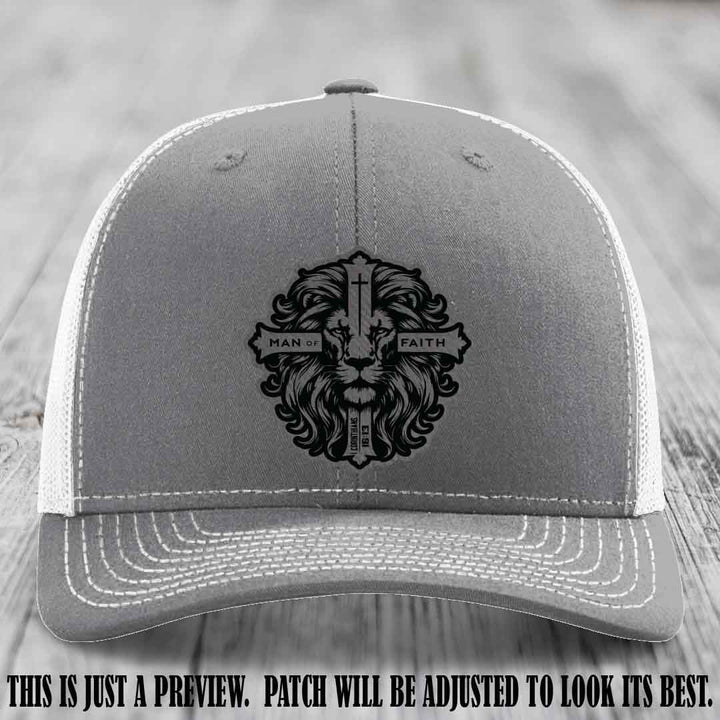 Man of Faith design Grey to Black Patch on Heather Grey to White Hat Richardson 112 leather patch hat