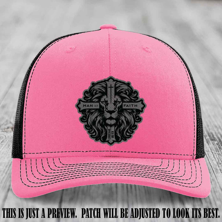 Man of Faith design Grey to Black Patch on Hot Pink to Black Hat Richardson 112 leather patch hat