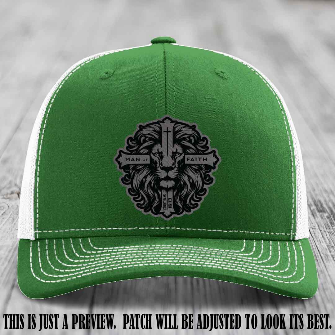 Man of Faith design Grey to Black Patch on Kelly to White Hat Richardson 112 leather patch hat