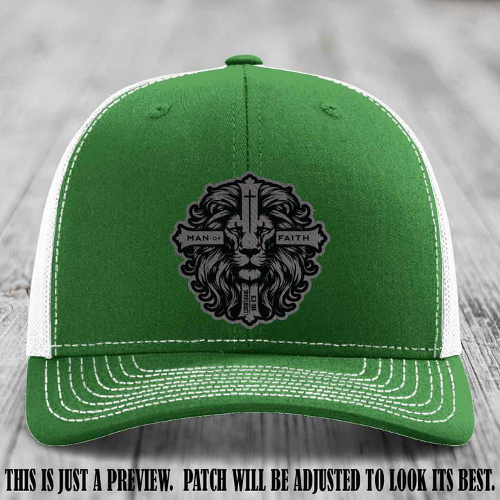Man of Faith design Grey to Black Patch on Kelly to White Hat Richardson 112 leather patch hat