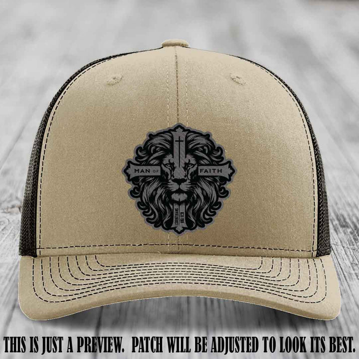 Man of Faith design Grey to Black Patch on Khaki to Coffee Hat Richardson 112 leather patch hat
