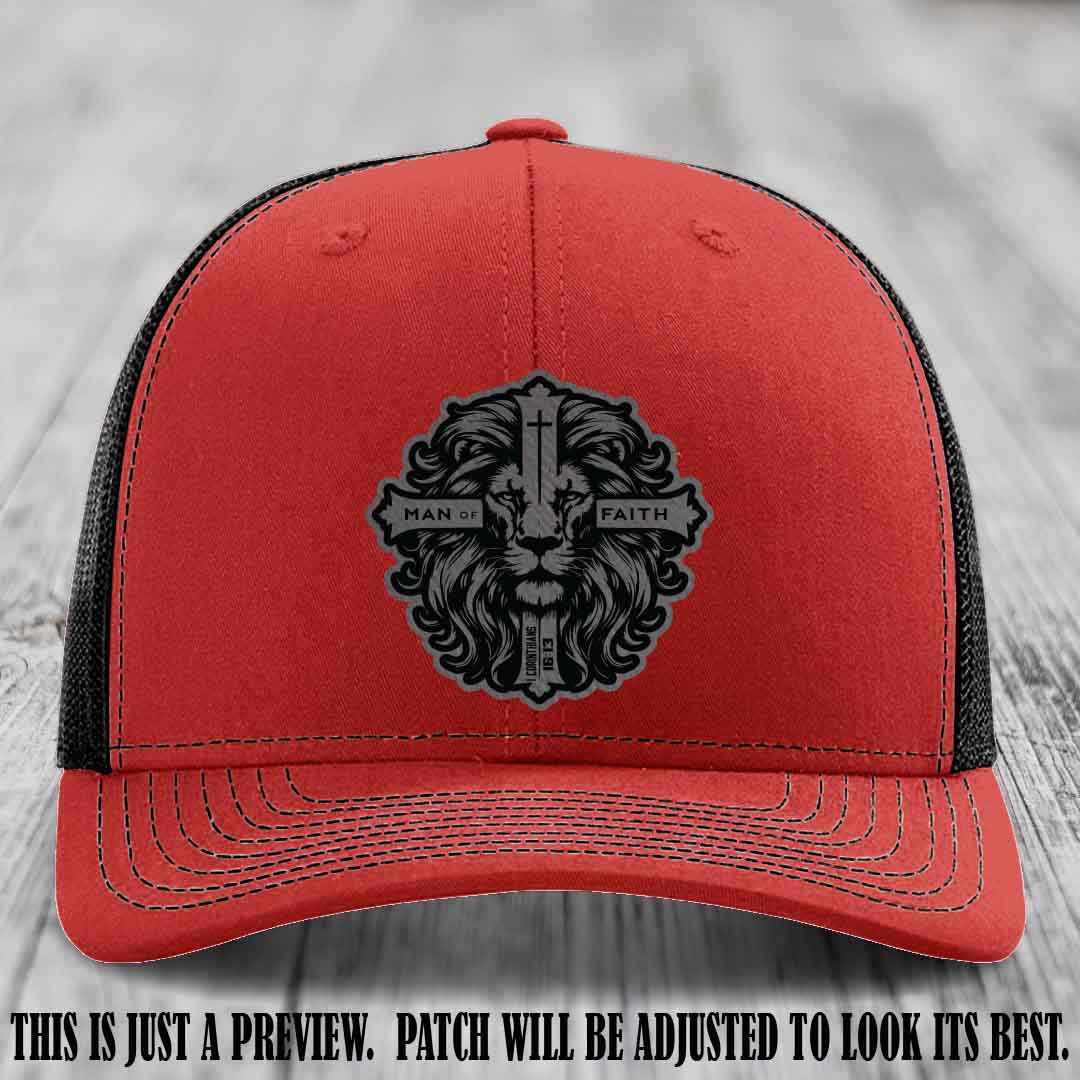 Man of Faith design Grey to Black Patch on Red to Black Hat Richardson 112 leather patch hat