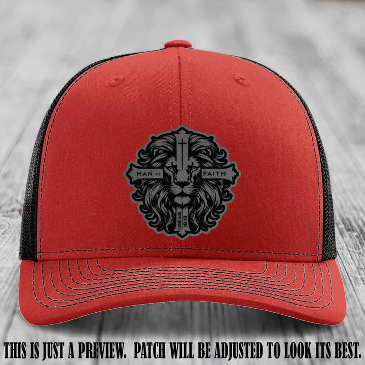 Man of Faith design Grey to Black Patch on Red to Black Hat Richardson 112 leather patch hat
