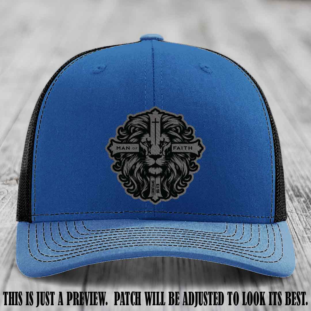 Man of Faith design Grey to Black Patch on Royal to Black Hat Richardson 112 leather patch hat