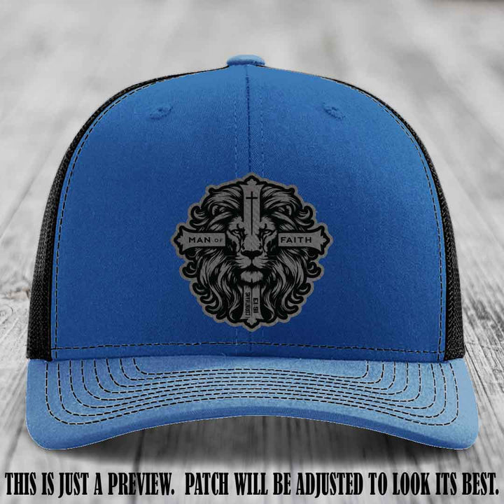 Man of Faith design Grey to Black Patch on Royal to Black Hat Richardson 112 leather patch hat