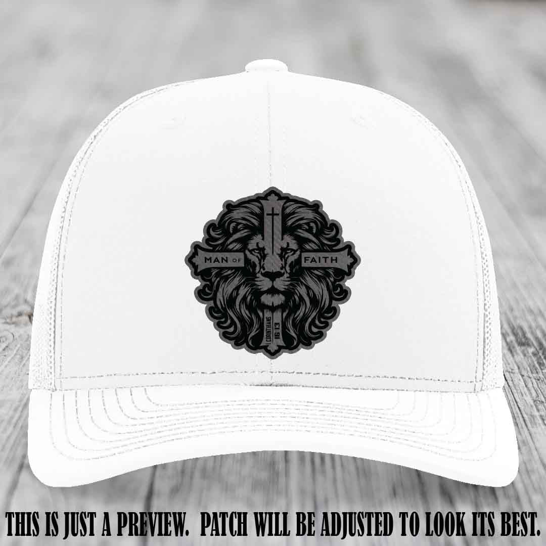Man of Faith design Grey to Black Patch on White Hat Richardson 112 leather patch hat