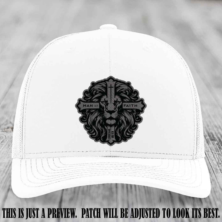 Man of Faith design Grey to Black Patch on White Hat Richardson 112 leather patch hat