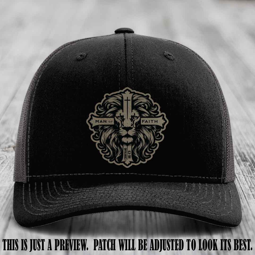 Man of Faith design Light Brown to Black Patch on Black to Charcoal Hat Richardson 112 leather patch hat