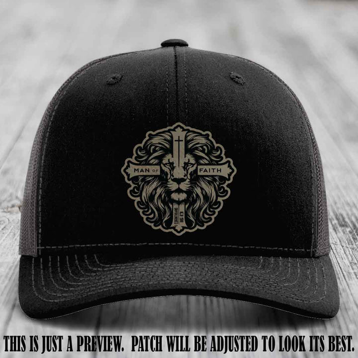 Man of Faith design Light Brown to Black Patch on Black to Charcoal Hat Richardson 112 leather patch hat