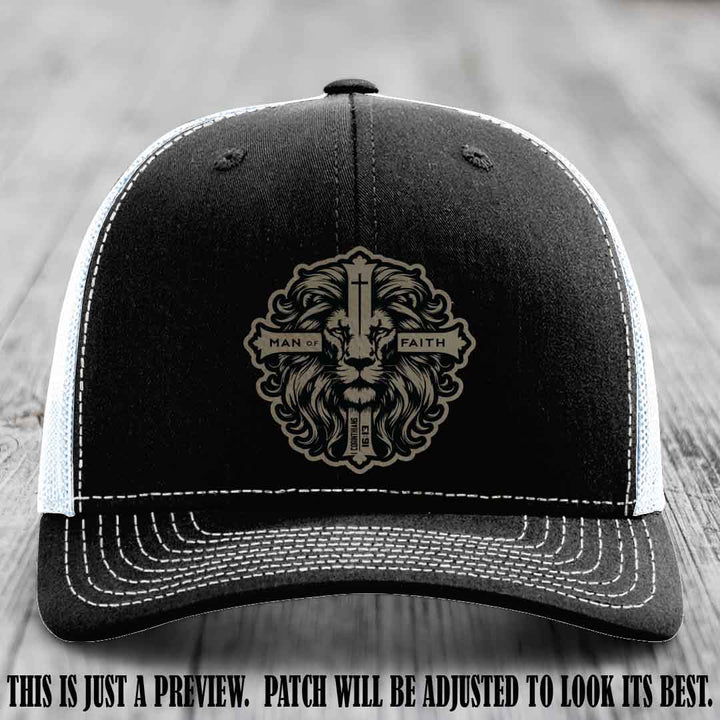 Man of Faith design Light Brown to Black Patch on Black to White Hat Richardson 112 leather patch hat