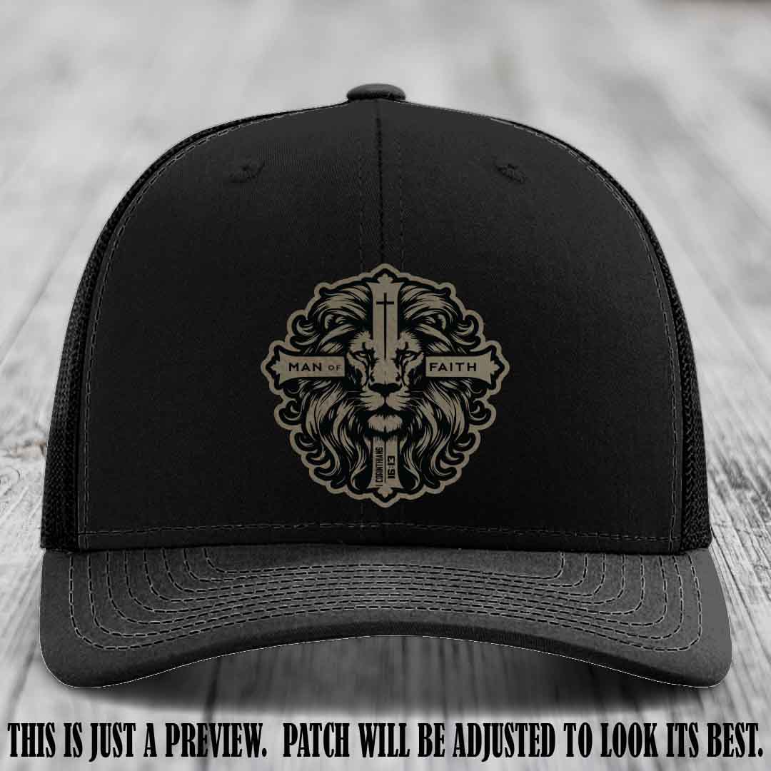 Man of Faith design Light Brown to Black Patch on Black Hat Richardson 112 leather patch hat