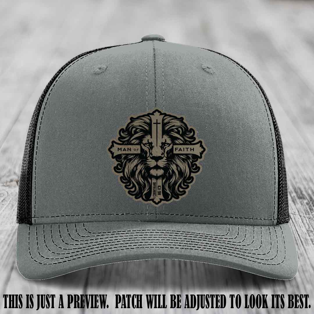 Man of Faith design Light Brown to Black Patch on Heather Grey to Black Hat Richardson 112 leather patch hat