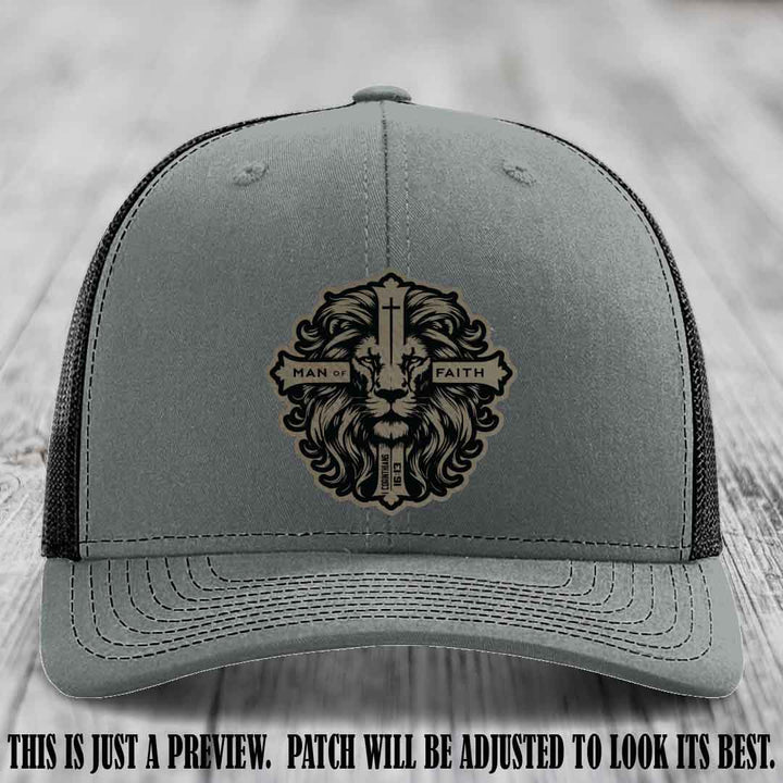 Man of Faith design Light Brown to Black Patch on Heather Grey to Black Hat Richardson 112 leather patch hat