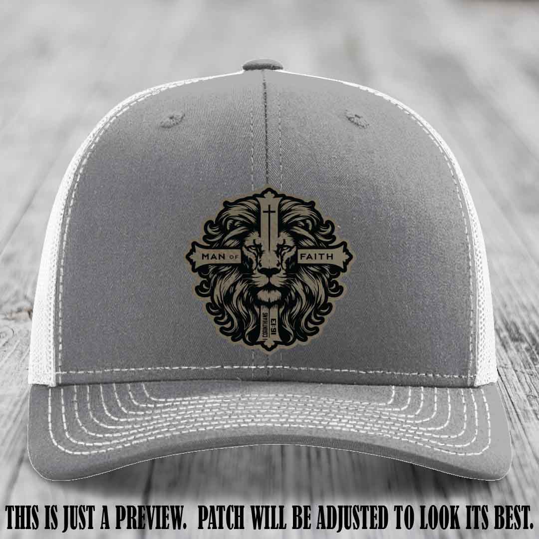 Man of Faith design Light Brown to Black Patch on Heather Grey to White Hat Richardson 112 leather patch hat