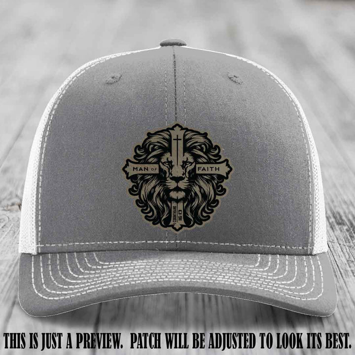 Man of Faith design Light Brown to Black Patch on Heather Grey to White Hat Richardson 112 leather patch hat