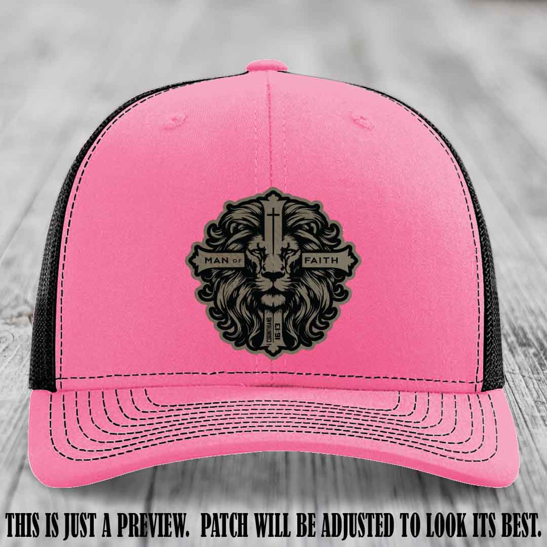 Man of Faith design Light Brown to Black Patch on Hot Pink to Black Hat Richardson 112 leather patch hat