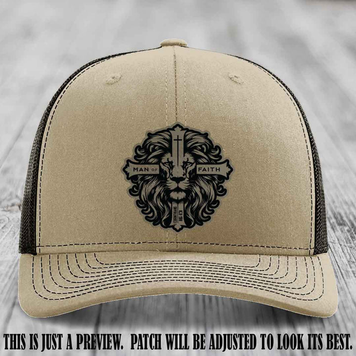 Man of Faith design Light Brown to Black Patch on Khaki to Coffee Hat Richardson 112 leather patch hat