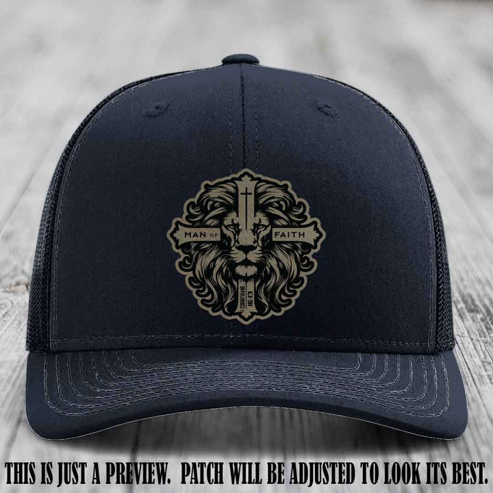 Man of Faith design Light Brown to Black Patch on Navy Hat Richardson 112 leather patch hat