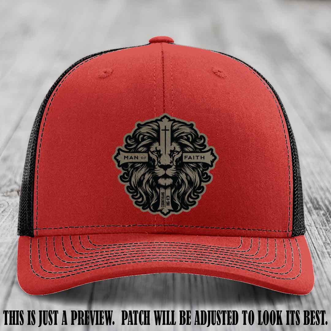 Man of Faith design Light Brown to Black Patch on Red to Black Hat Richardson 112 leather patch hat
