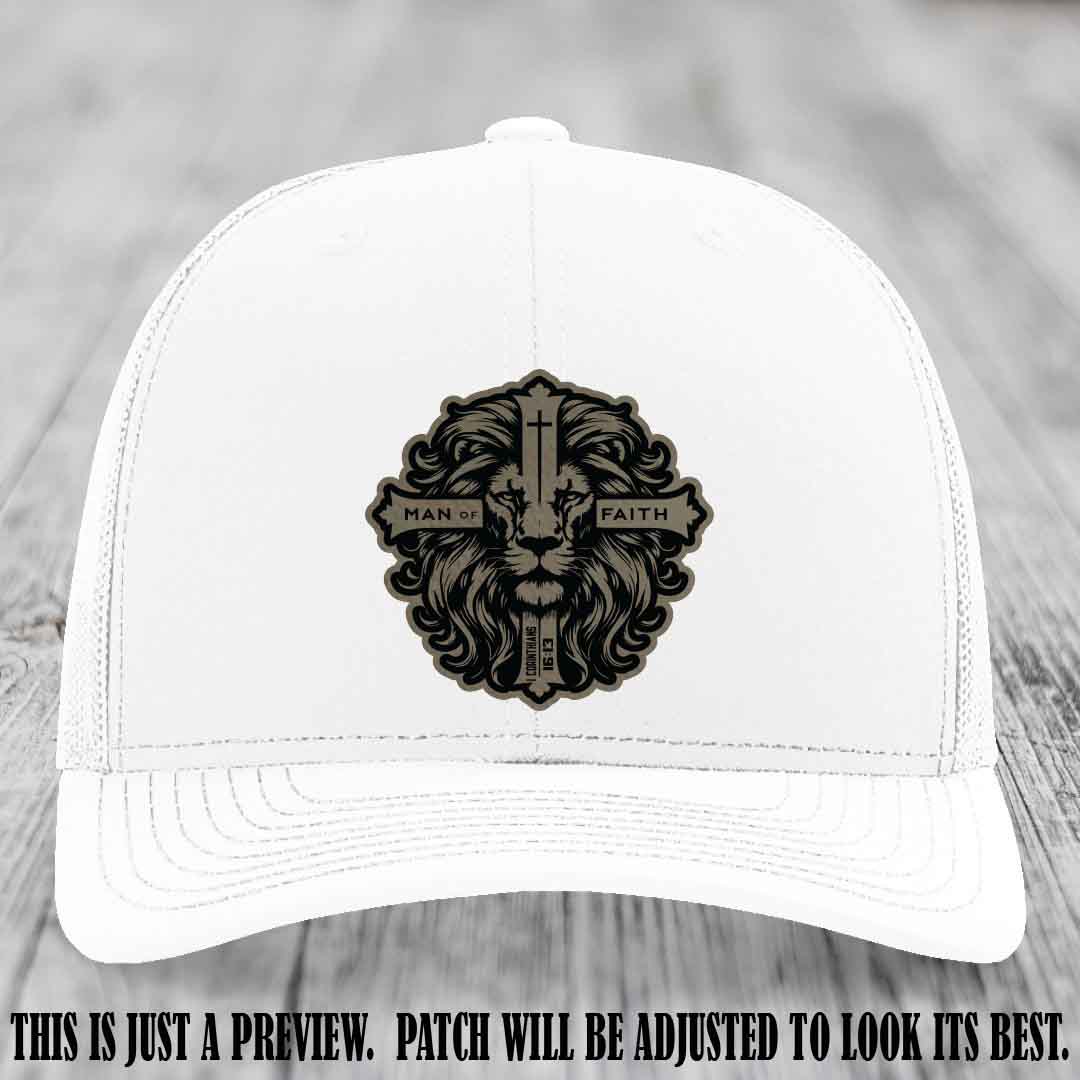 Man of Faith design Light Brown to Black Patch on White Hat Richardson 112 leather patch hat