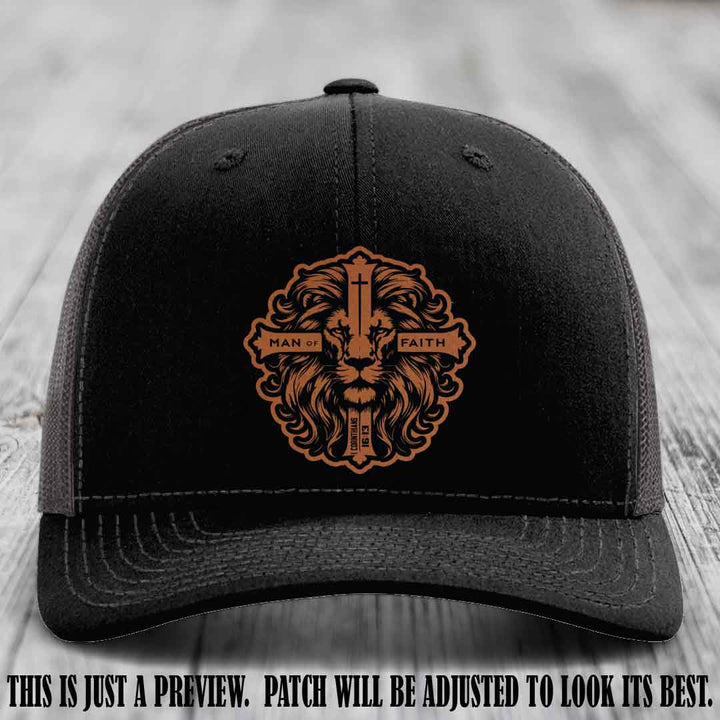 Man of Faith design Rawhide to Black Patch on Black to Charcoal Hat Richardson 112 leather patch hat