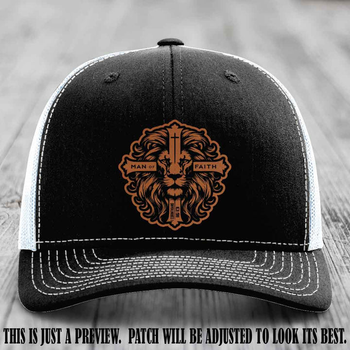 Man of Faith design Rawhide to Black Patch on Black to White Hat Richardson 112 leather patch hat