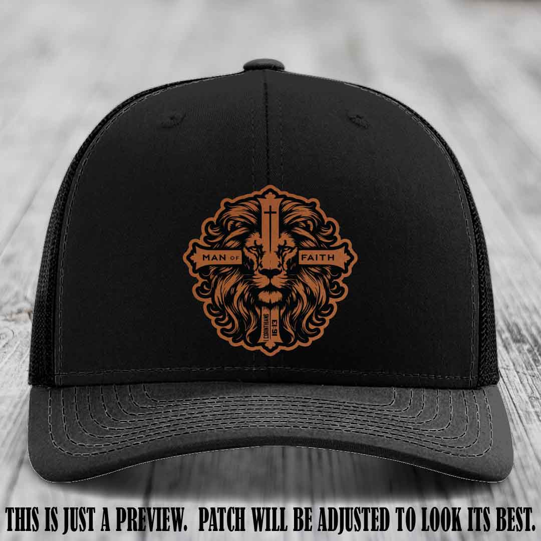 Man of Faith design Rawhide to Black Patch on Black Hat Richardson 112 leather patch hat